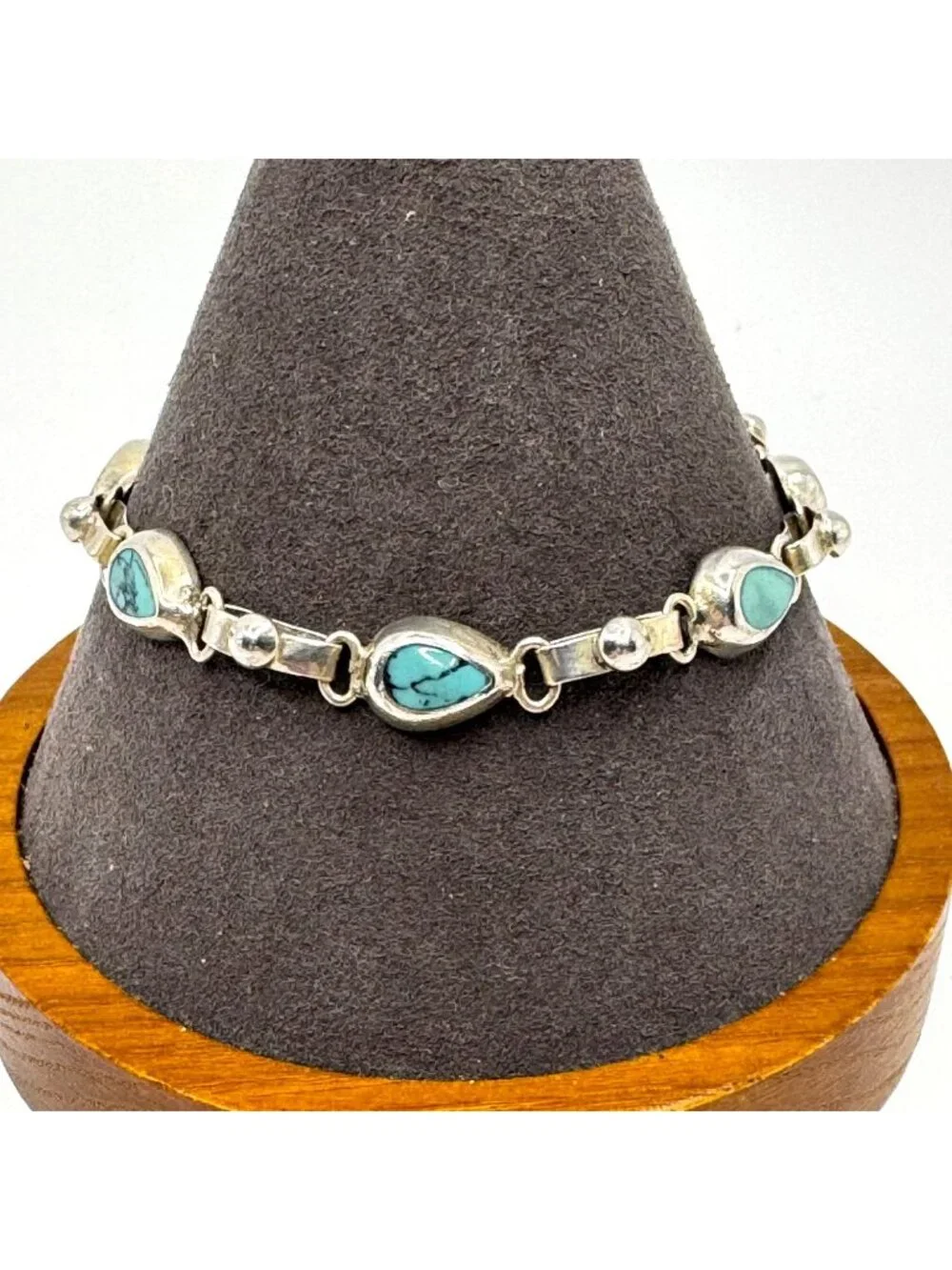 Teardrop Turquoise Station Bracelet Sterling Silver 925 Size 7